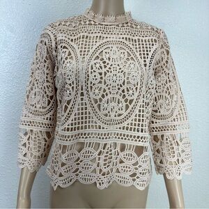 Mele E Pere Lace blouse Crochet See-Through Beige Blush cottage retro M